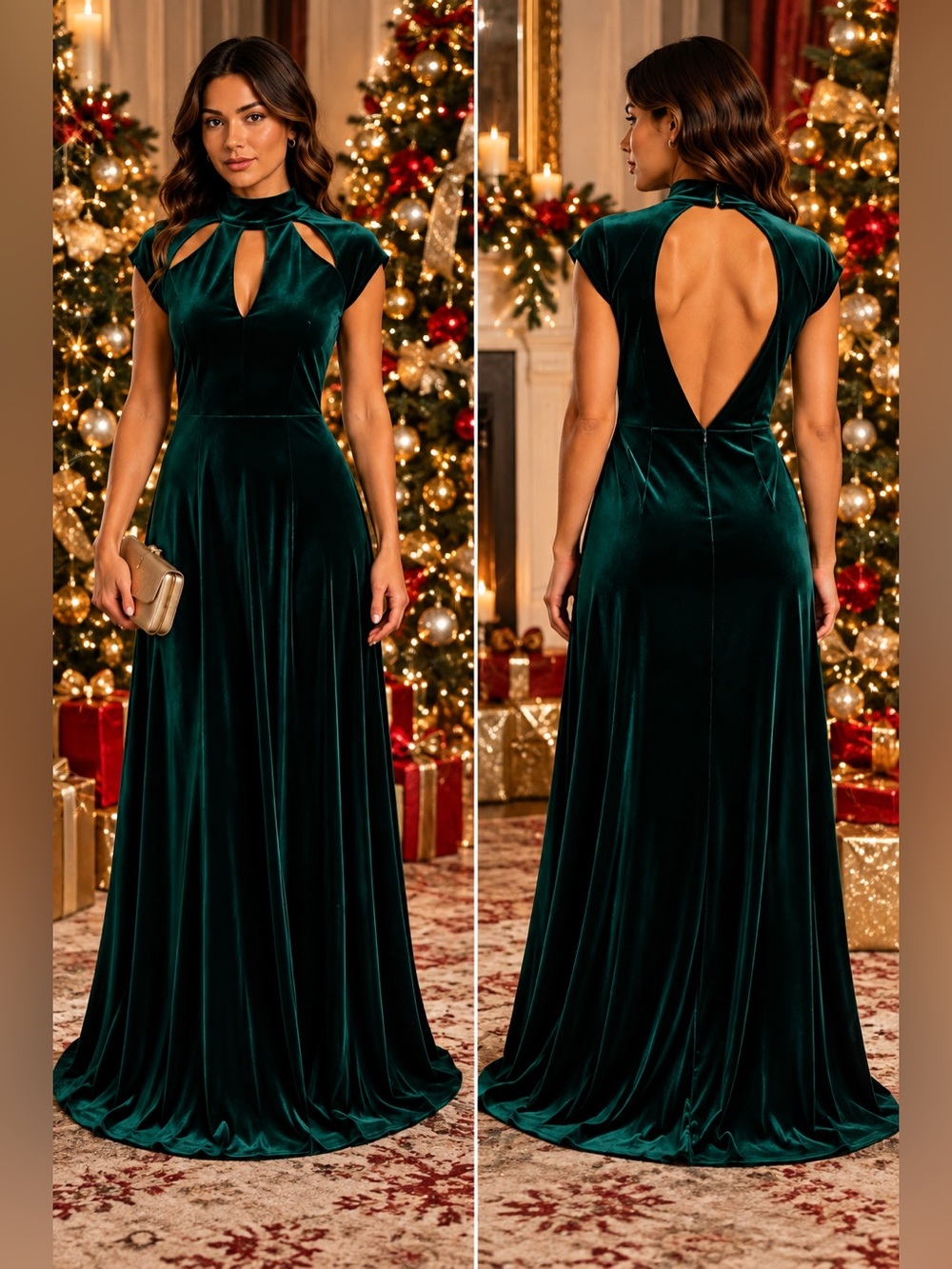 MARINA Green Velvet Maxi Gown with Keyhole Neckline Party Wedding Formal Fall 10